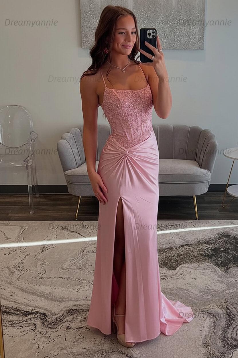 Dreamyannie Red Prom Dress Spaghetti Straps Ruhed Long Lace Formal Dress With Appliques
