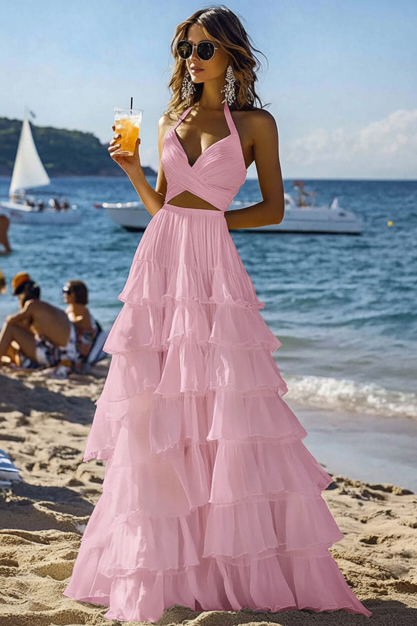 Dreamyannie Halter Tiered White 2 Piece Ruffled Formal Dress