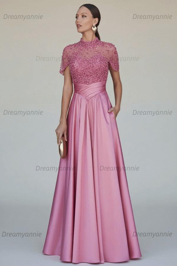 Green A Line Prom Dress Short Sleeve High Neck Beaded Formal Dress