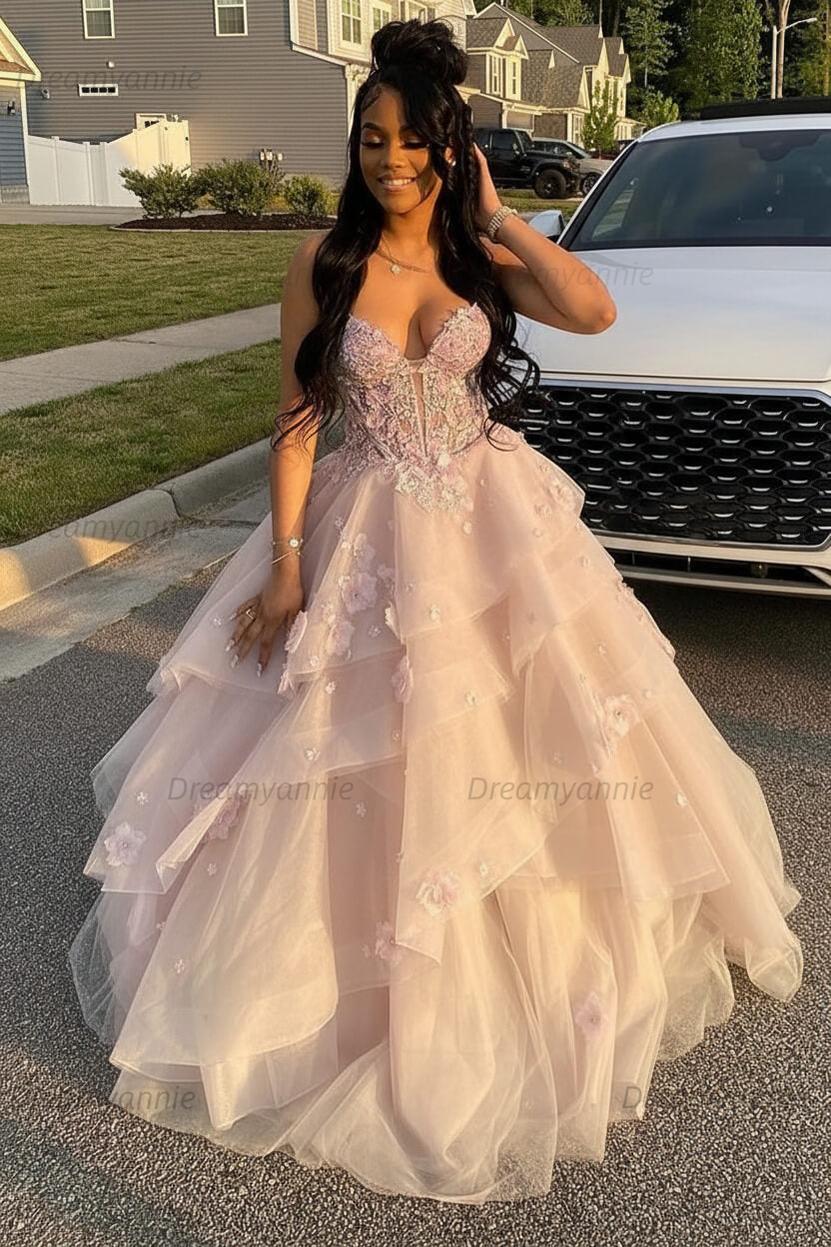 Dreamyannie Sage Prom Dress Floral Tiered Ruffles A-Line Sweetheart Corset Long Formal Dress