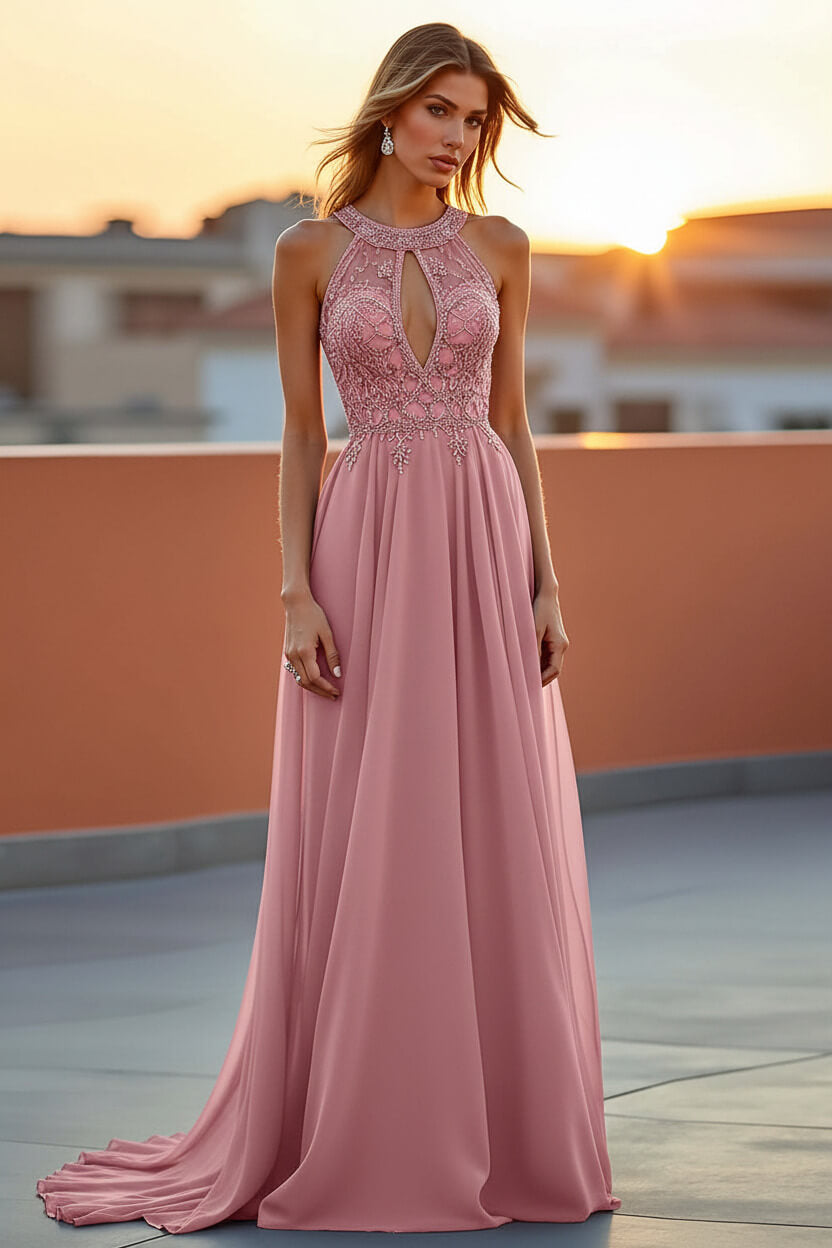 Dreamyannie Beaded Navy Wedding Guest Dress Halter Long Formal Dress With Embroideries