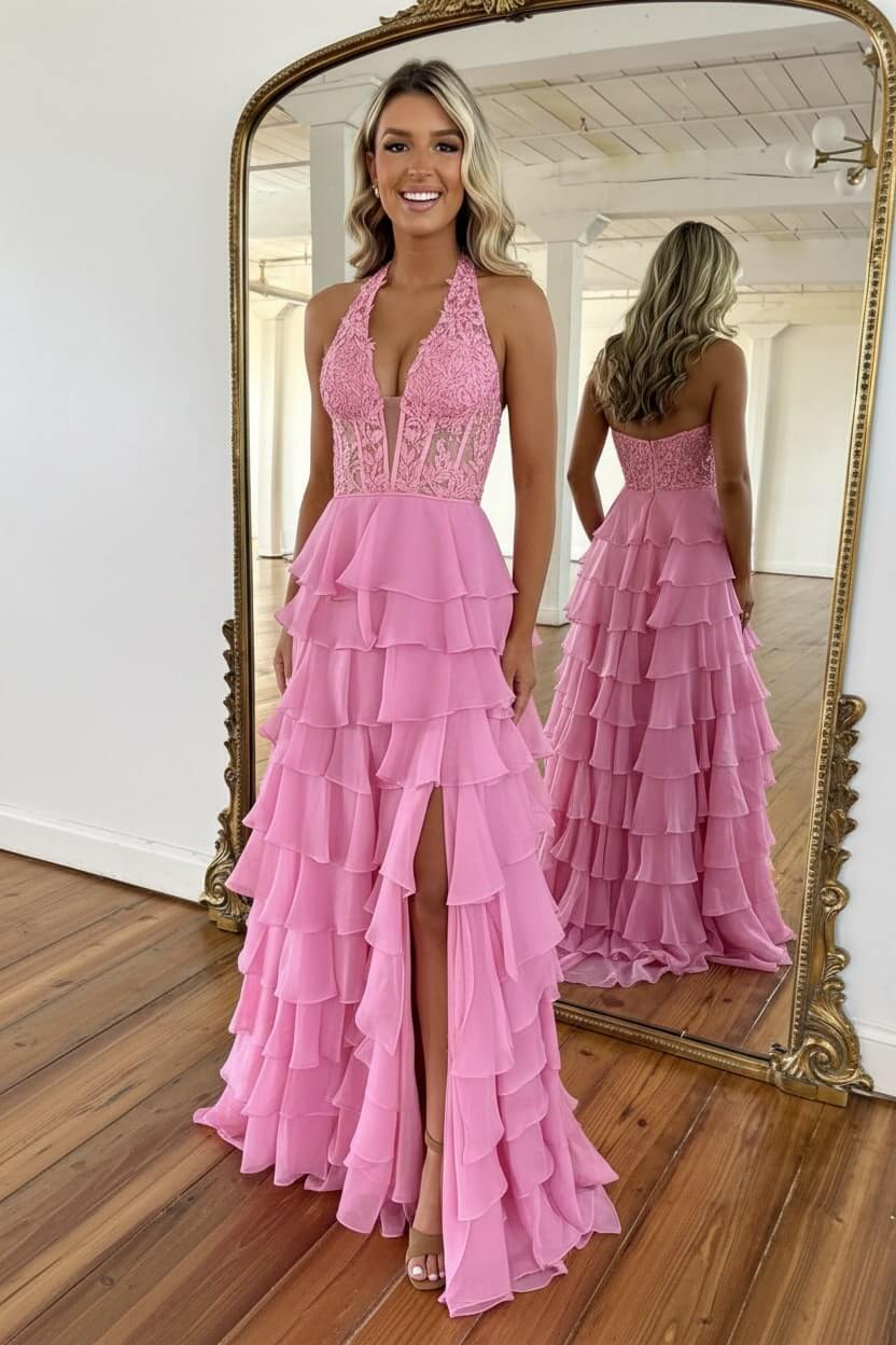 Dreamyannie Sky Blue Prom Dress Ruffled Halter Corset Formal Dress With Slit