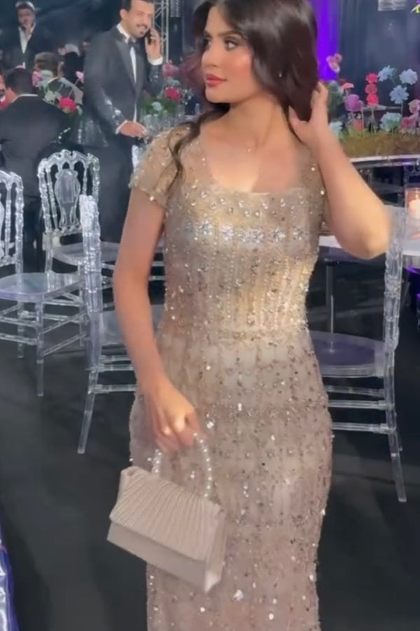 Cap Sleeve Formal Dress Beaded Sheath/Column Evening Gown