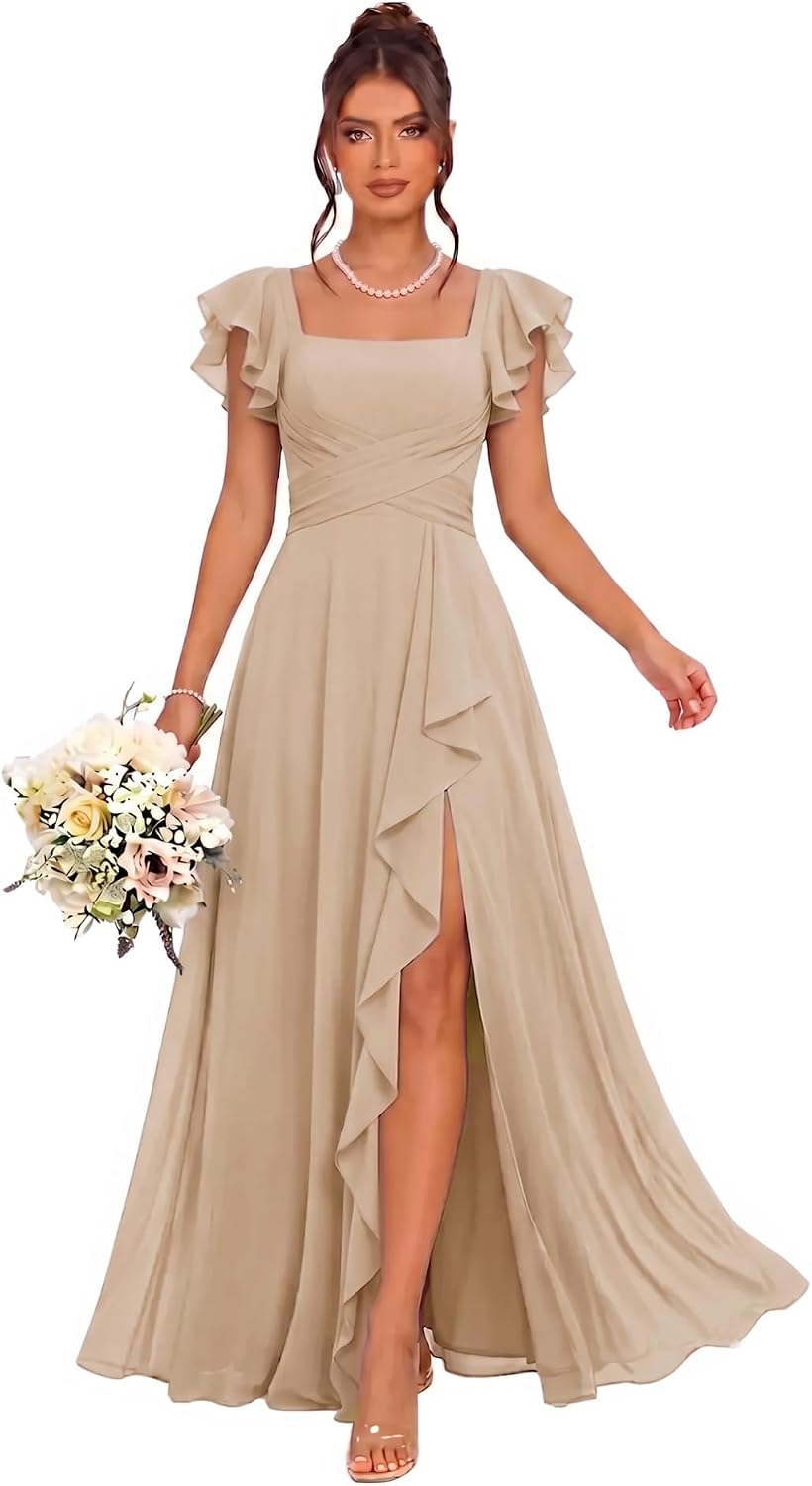 Cascading Ruffle Chiffon Bridesmaid Dress with Flutter Sleeves and Slit
