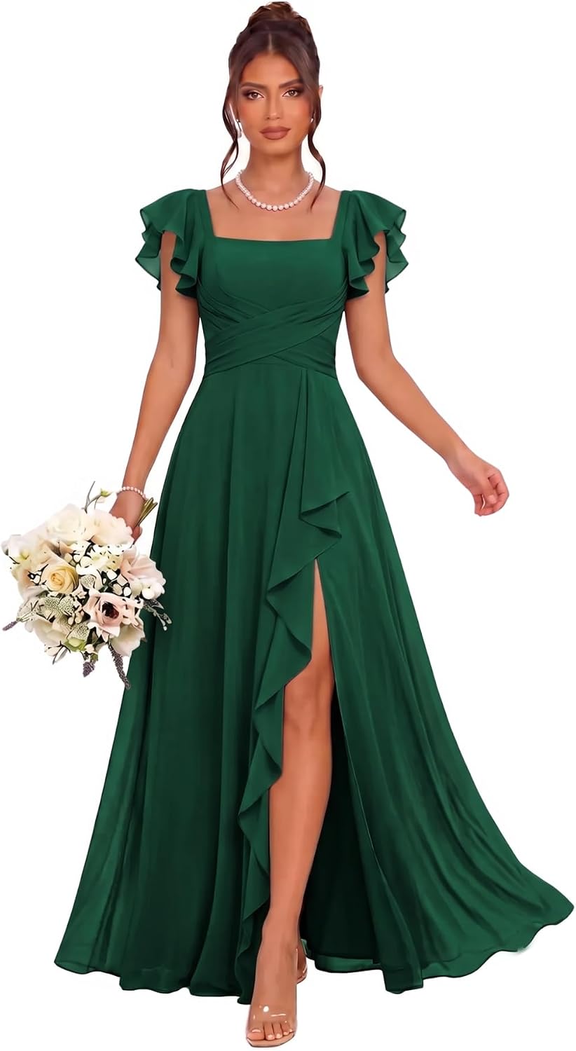 Cascading Ruffle Chiffon Bridesmaid Dress with Flutter Sleeves and Slit