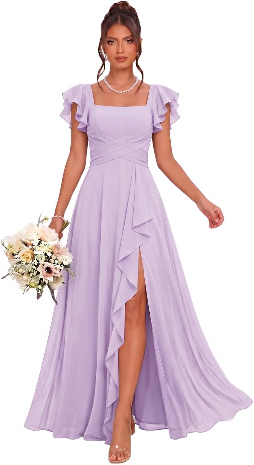 Cascading Ruffle Chiffon Bridesmaid Dress with Flutter Sleeves and Slit