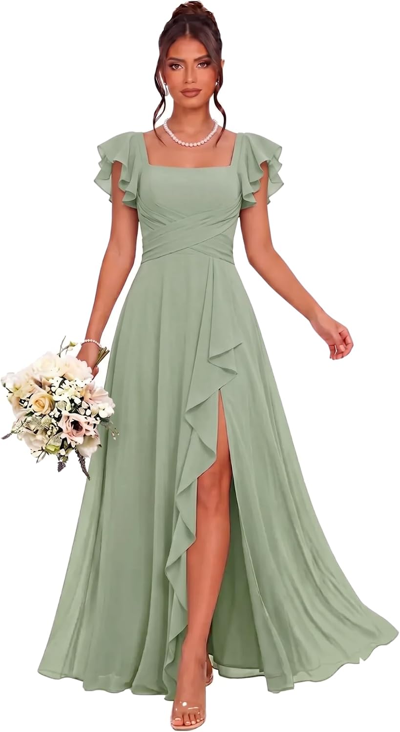 Cascading Ruffle Chiffon Bridesmaid Dress with Flutter Sleeves and Slit