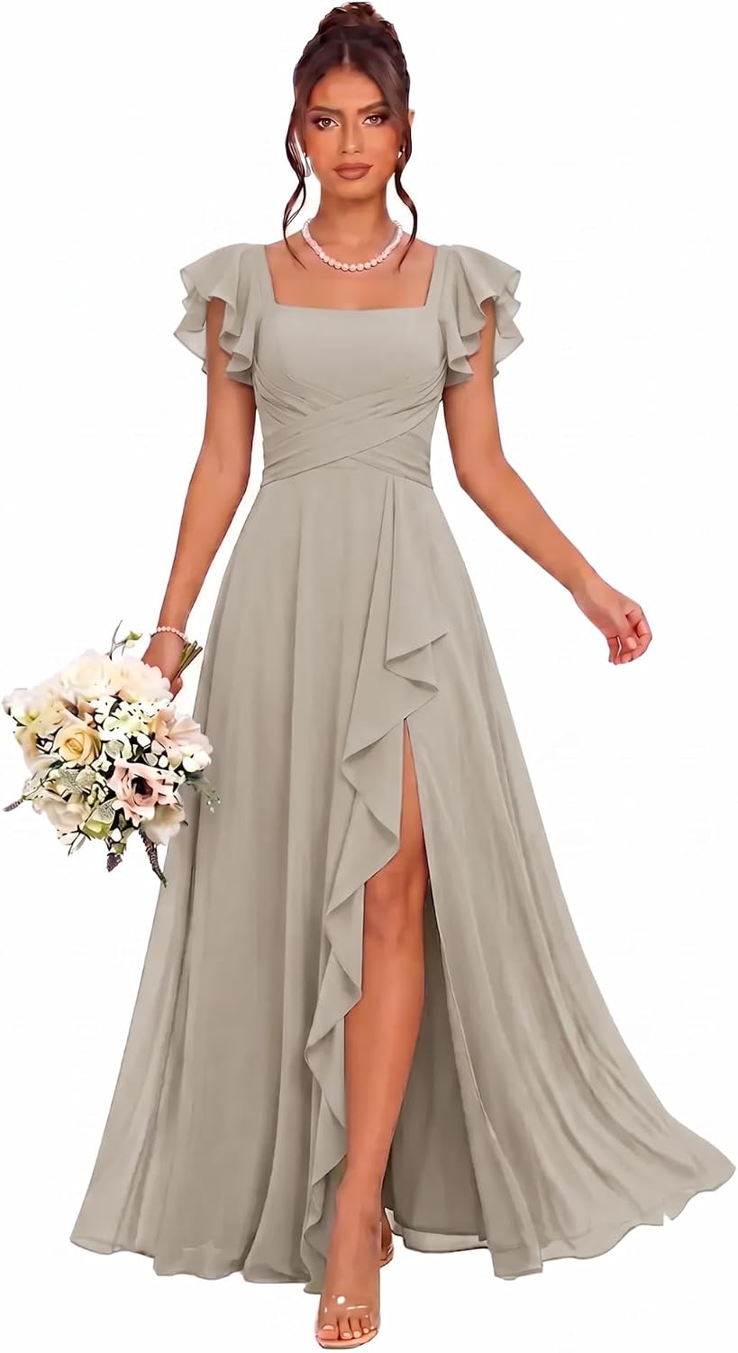 Cascading Ruffle Chiffon Bridesmaid Dress with Flutter Sleeves and Slit