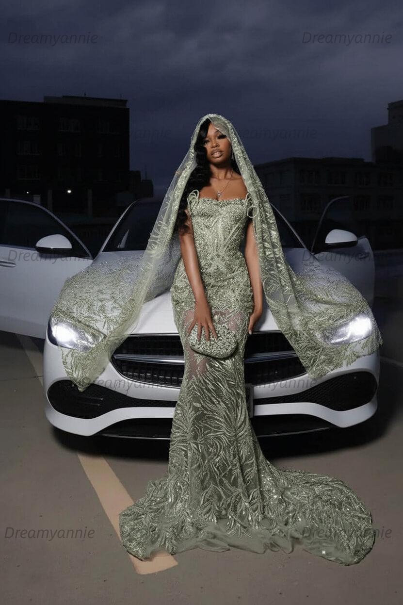 Strapless Silver Prom Dress Sequined Tulle Mermaid Formal Evening Dress