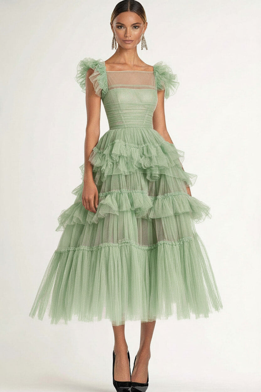Dreamyannie Tea Length Black Wedding Guest Dress A-Line Flatter Sleeves Tulle Formal Dress With Ruffles