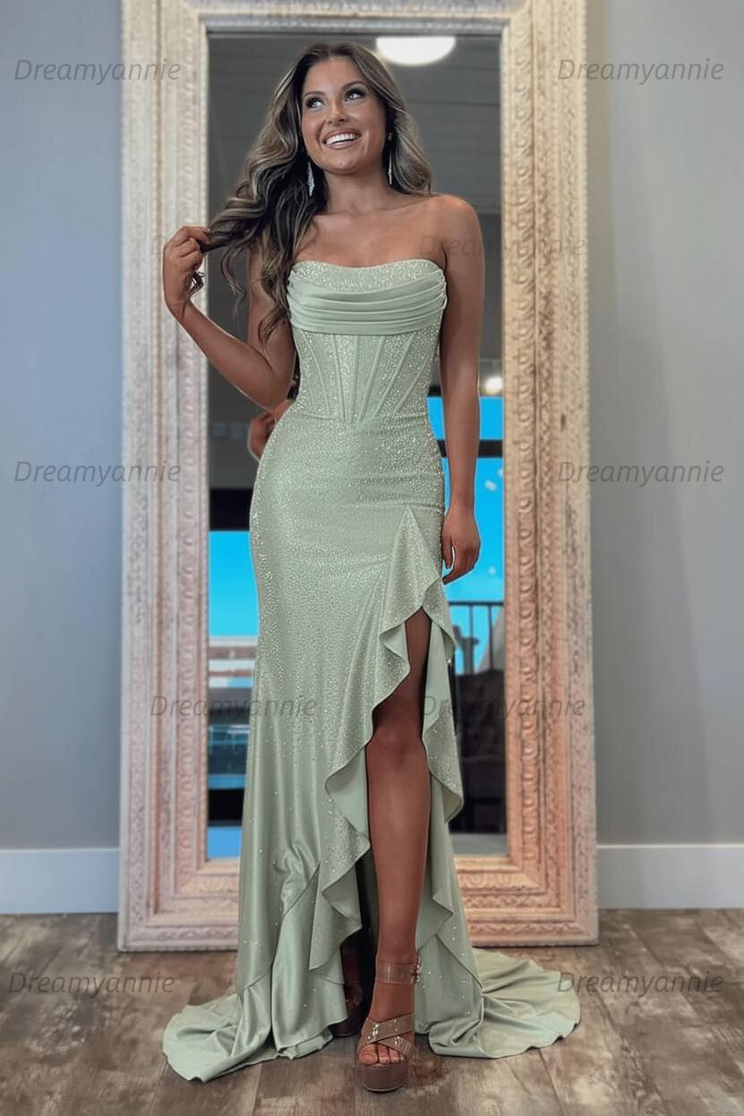 Hot Pink Beaded Prom Dress Strapless Corset Ruffled Formal Dress With Slit