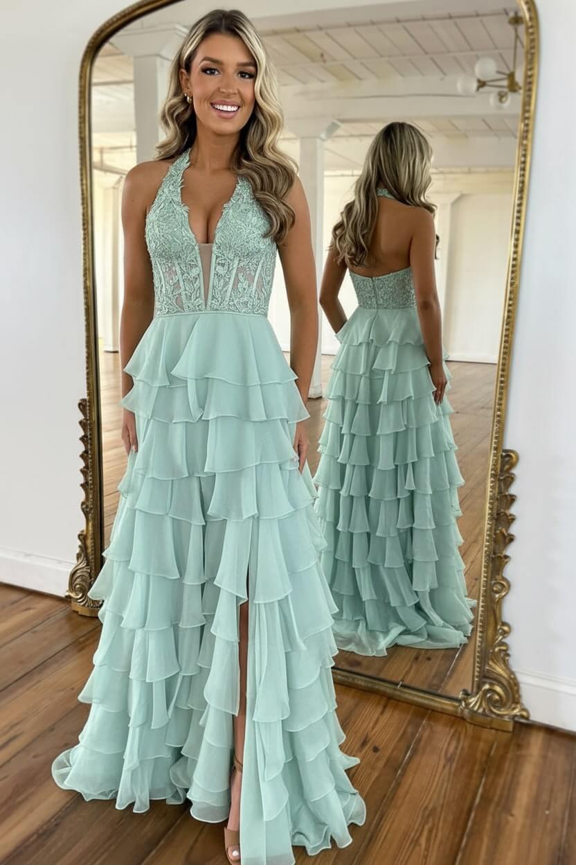 Dreamyannie Sky Blue Prom Dress Ruffled Halter Corset Formal Dress With Slit