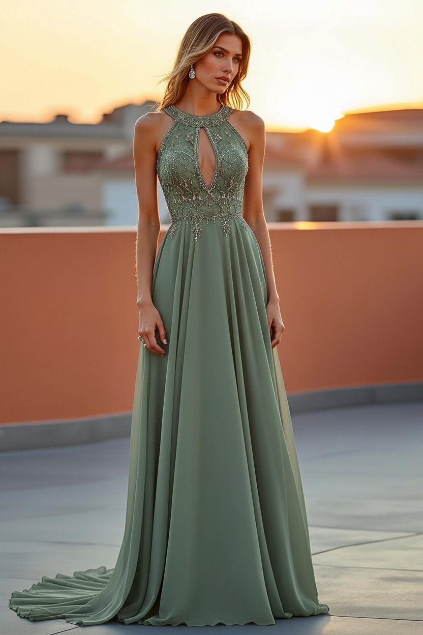 Dreamyannie Beaded Navy Wedding Guest Dress Halter Long Formal Dress With Embroideries