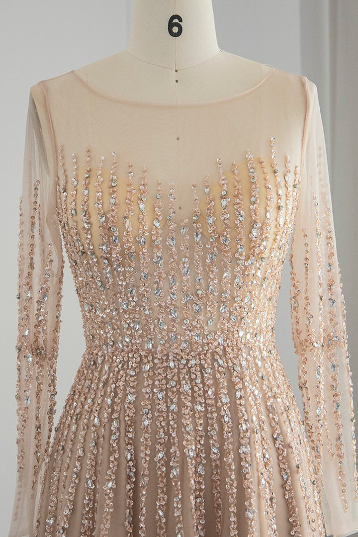 Champagne A Line Prom Dress Long Sleeve Sequined Formal Dress