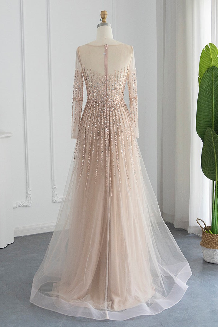 Champagne A Line Prom Dress Long Sleeve Sequined Formal Dress