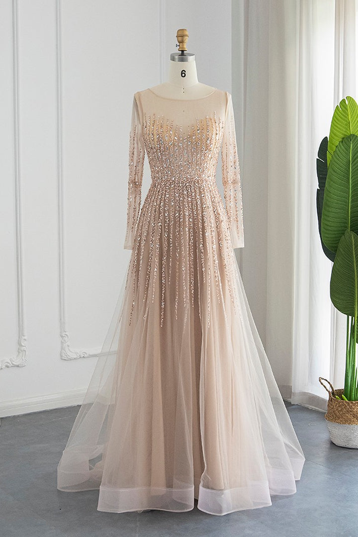 Champagne A Line Prom Dress Long Sleeve Sequined Formal Dress