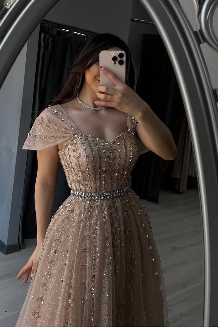 Champagne A Line Prom Dress Off the Shoulder Beaded Formal Dress