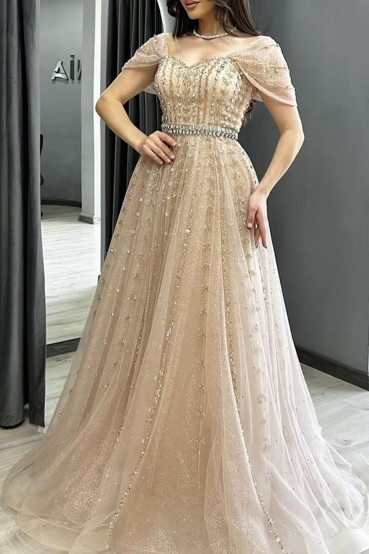 Champagne A Line Prom Dress Off the Shoulder Beaded Formal Dress