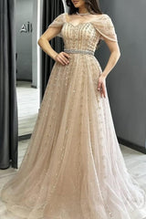 Champagne A Line Prom Dress Off the Shoulder Beaded Formal Dress