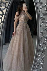 Champagne A Line Prom Dress Off the Shoulder Beaded Formal Dress