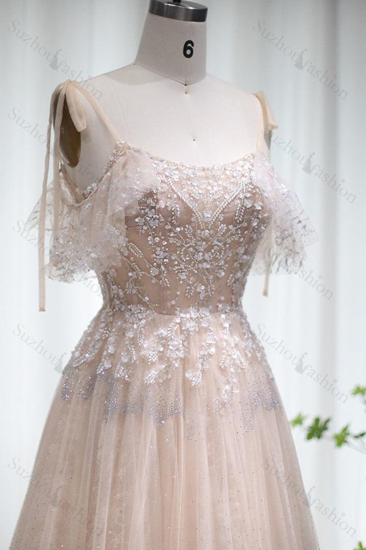 Champagne A Line Prom Dress Spaghetti Straps Formal Dress With Lace Appliques