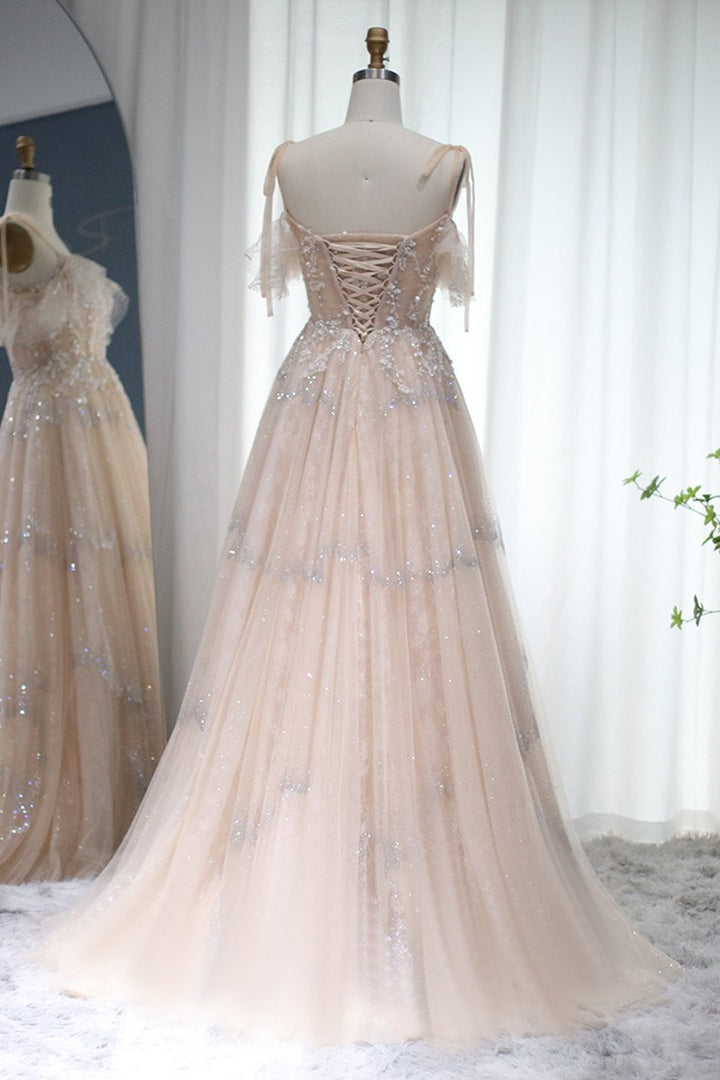 Champagne A Line Prom Dress Spaghetti Straps Formal Dress With Lace Appliques