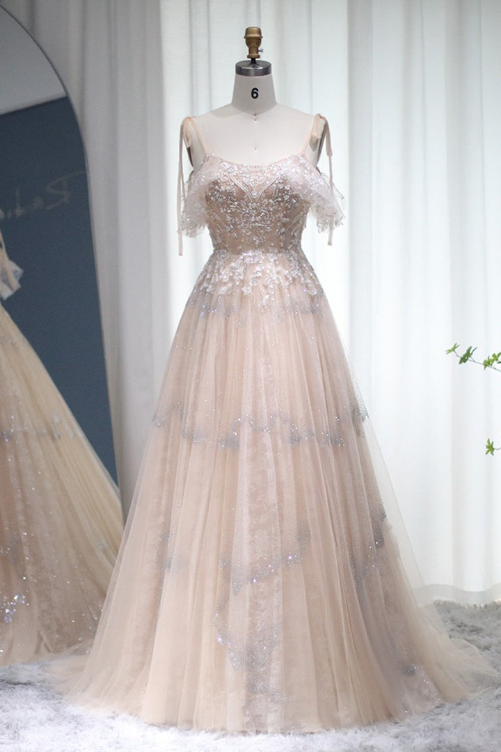 Champagne A Line Prom Dress Spaghetti Straps Formal Dress With Lace Appliques