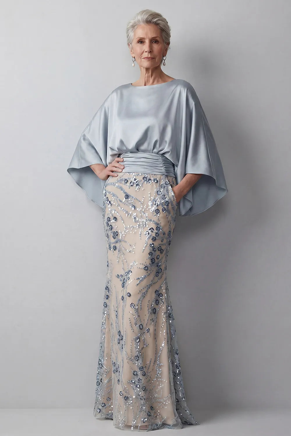 Champagne Beaded Floral Mermaid Long Grandmother of the Bride Dress with Pockets