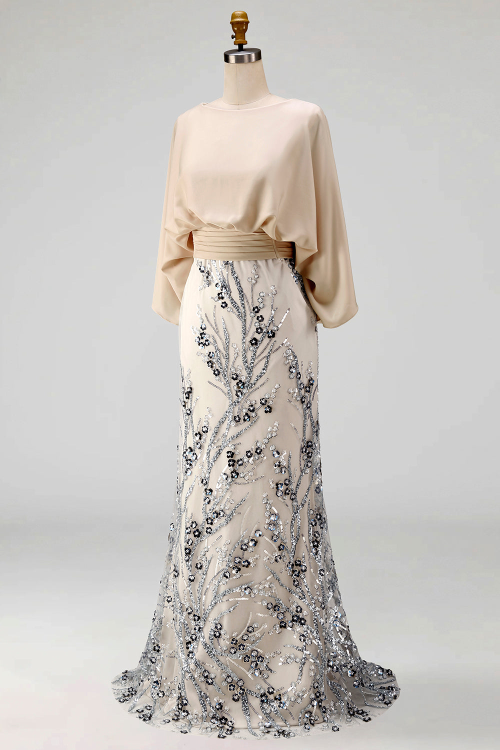 Champagne Beaded Floral Mermaid Long Grandmother of the Bride Dress with Pockets