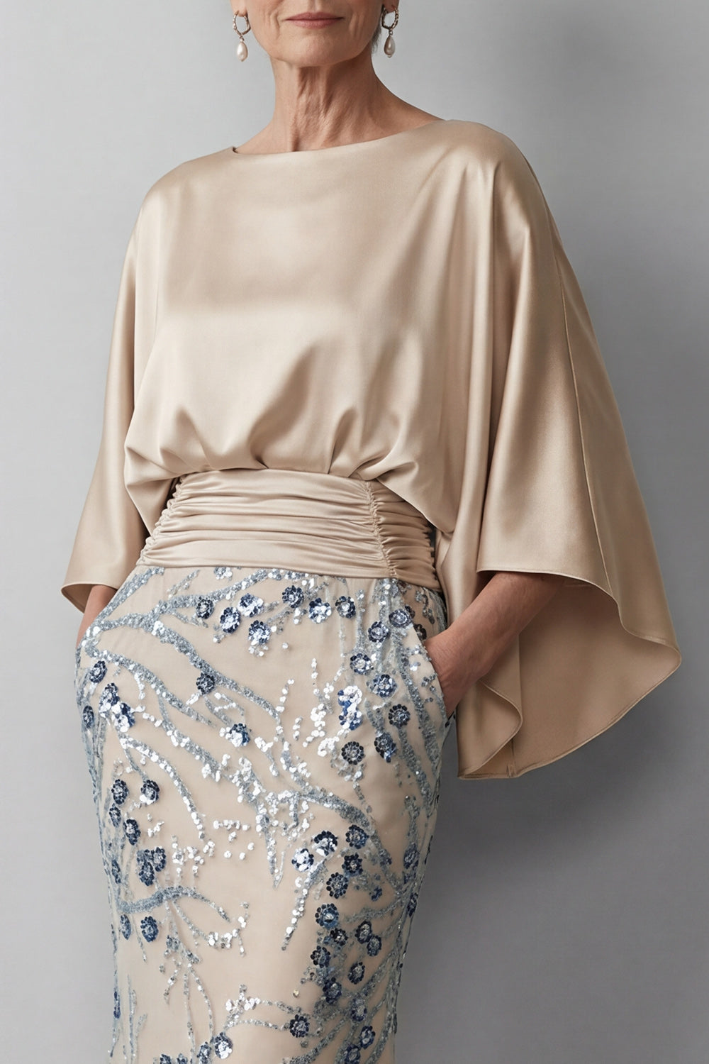 Champagne Beaded Floral Mermaid Long Grandmother of the Bride Dress with Pockets