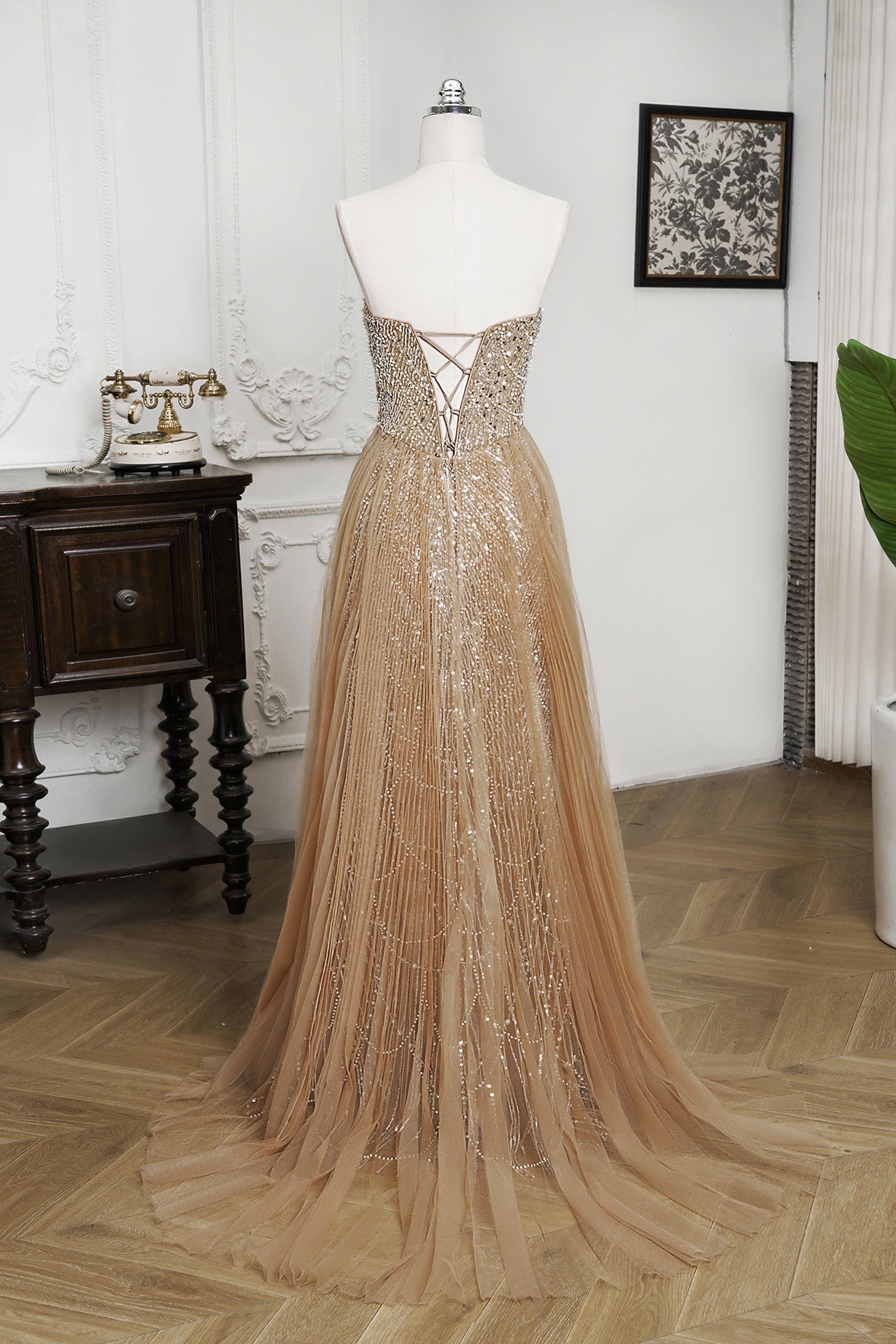 Champagne Beaded Formal Dress Strapless Sheath Prom Wedding Party Dress with Panel Train