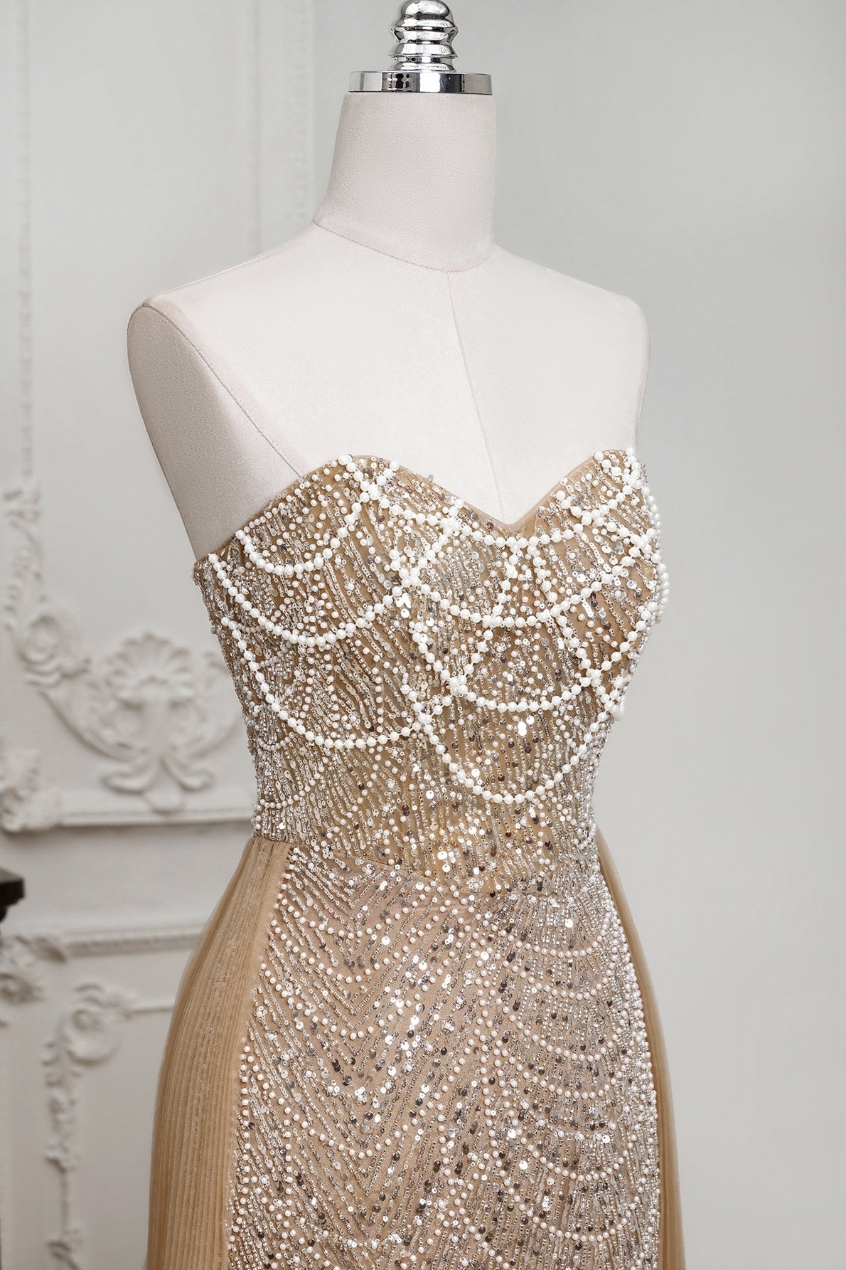 Champagne Beaded Formal Dress Strapless Sheath Prom Wedding Party Dress with Panel Train