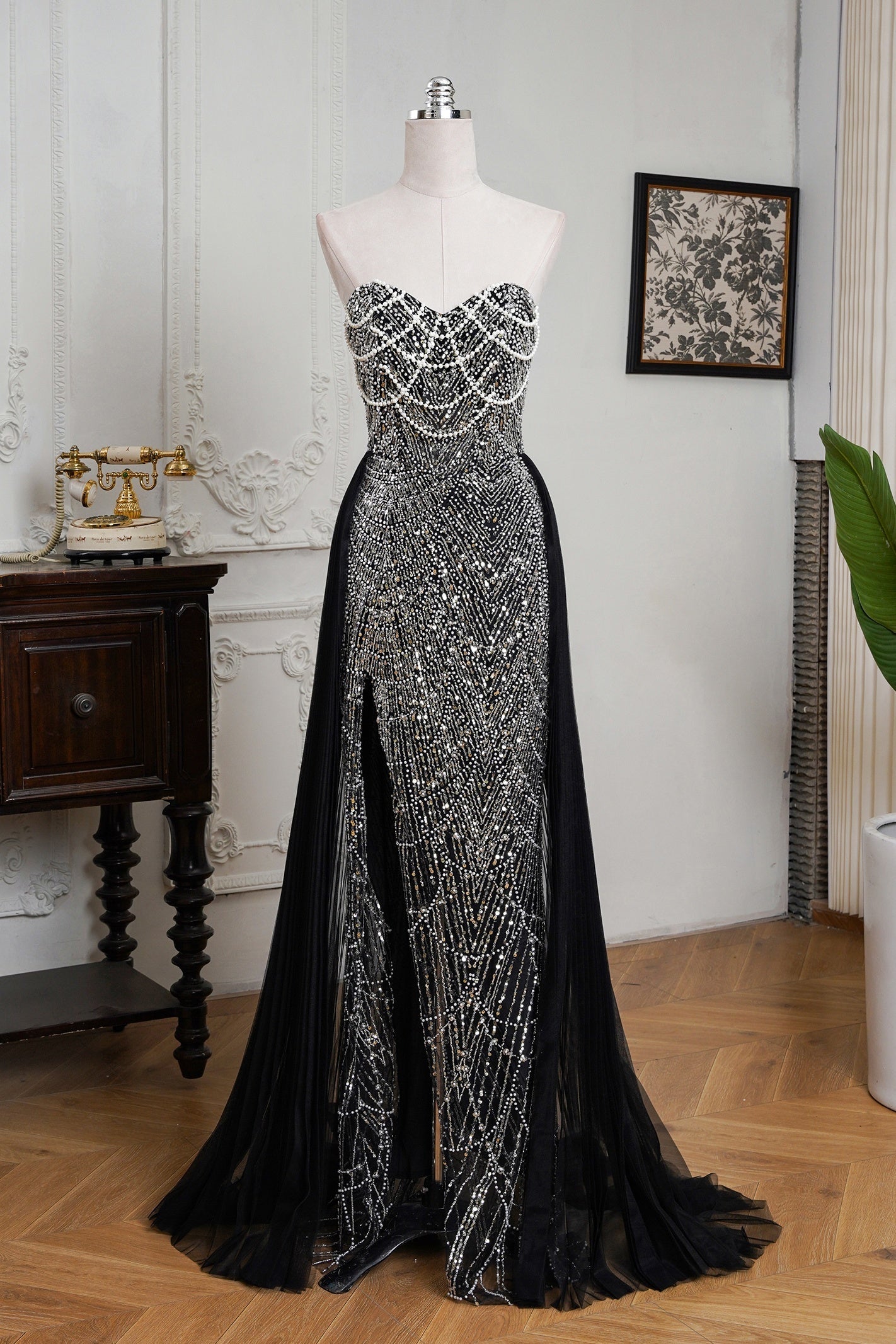 Champagne Beaded Formal Dress Strapless Sheath Wedding Party Dress with Panel Train
