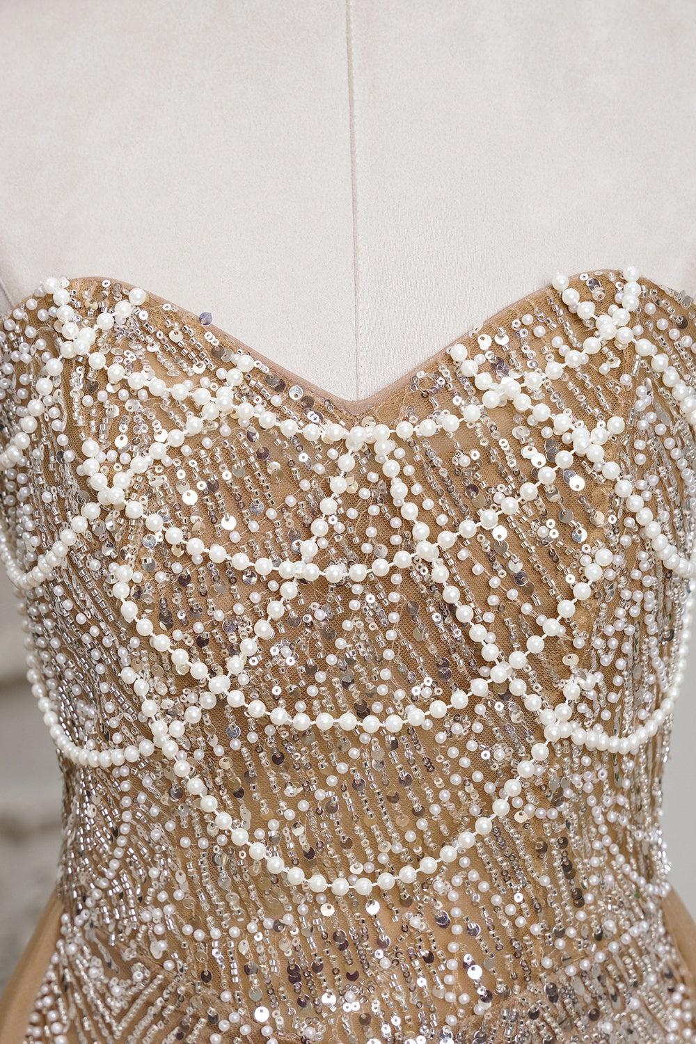 Champagne Beaded Formal Dress Strapless Sheath Wedding Party Dress with Panel Train