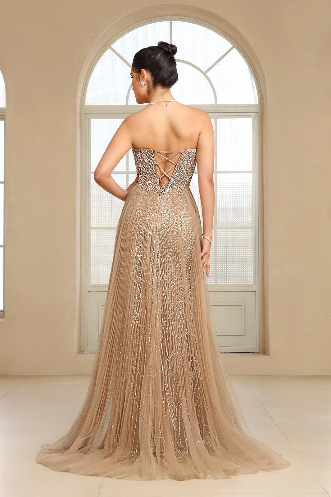 Champagne Beaded Formal Dress Strapless Sheath Wedding Party Dress with Panel Train