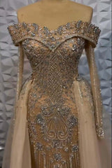 Champagne Detachable Train Prom Dress Long Sleeve Off the Shoulder Beaded Formal Dress