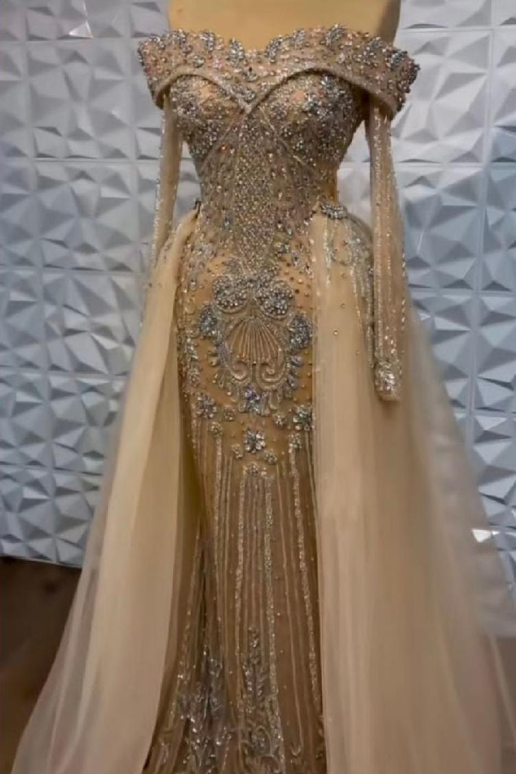 Champagne Detachable Train Prom Dress Long Sleeve Off the Shoulder Beaded Formal Dress
