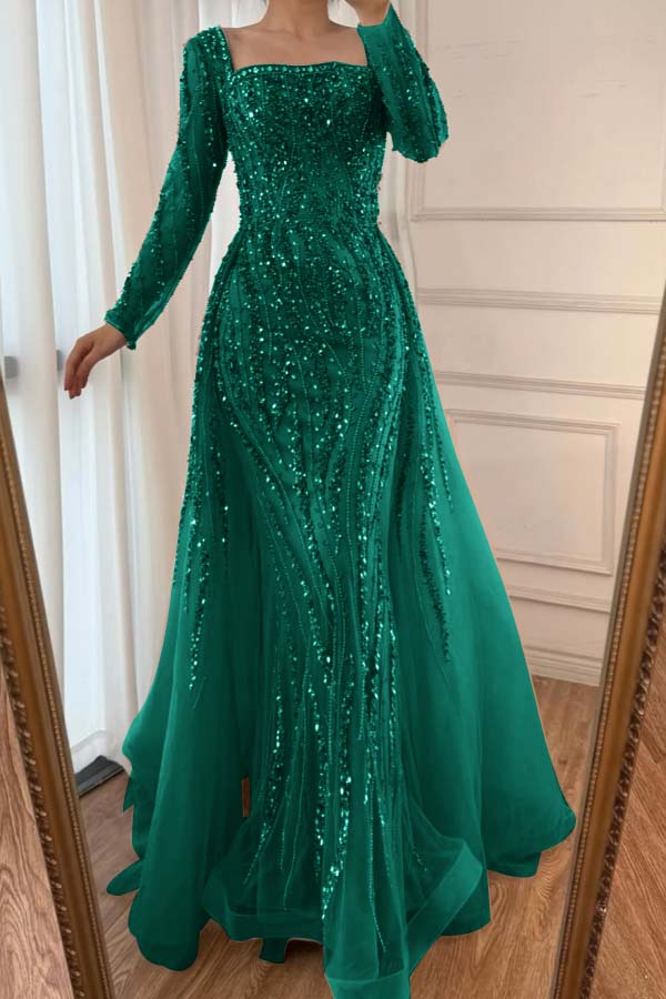 Champagne Detachable Train Prom Dress Long Sleeve Square Neck Beaded Formal Dress