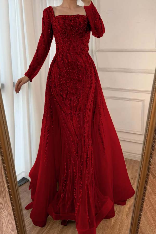 Champagne Detachable Train Prom Dress Long Sleeve Square Neck Beaded Formal Dress