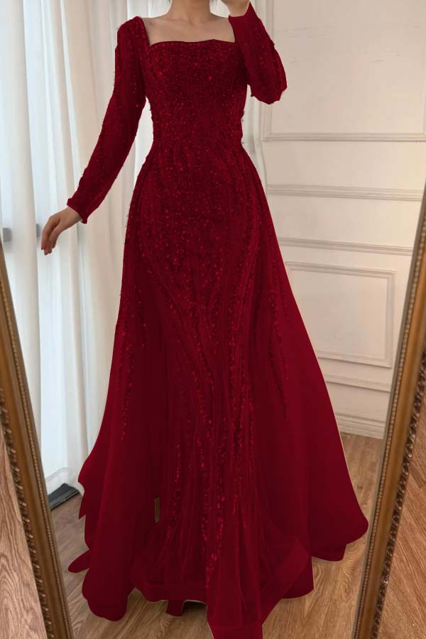 Champagne Detachable Train Prom Dress Long Sleeve Square Neck Beaded Formal Dress