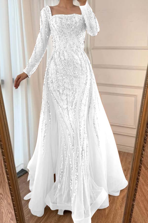Champagne Detachable Train Prom Dress Long Sleeve Square Neck Beaded Formal Dress