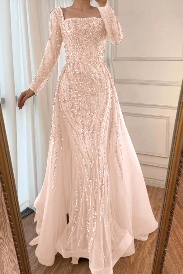 Champagne Detachable Train Prom Dress Long Sleeve Square Neck Beaded Formal Dress