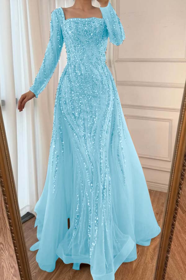 Champagne Detachable Train Prom Dress Long Sleeve Square Neck Beaded Formal Dress