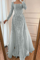 Champagne Detachable Train Prom Dress Long Sleeve Square Neck Beaded Formal Dress