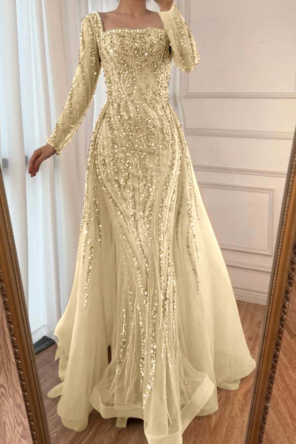 Champagne Detachable Train Prom Dress Long Sleeve Square Neck Beaded Formal Dress