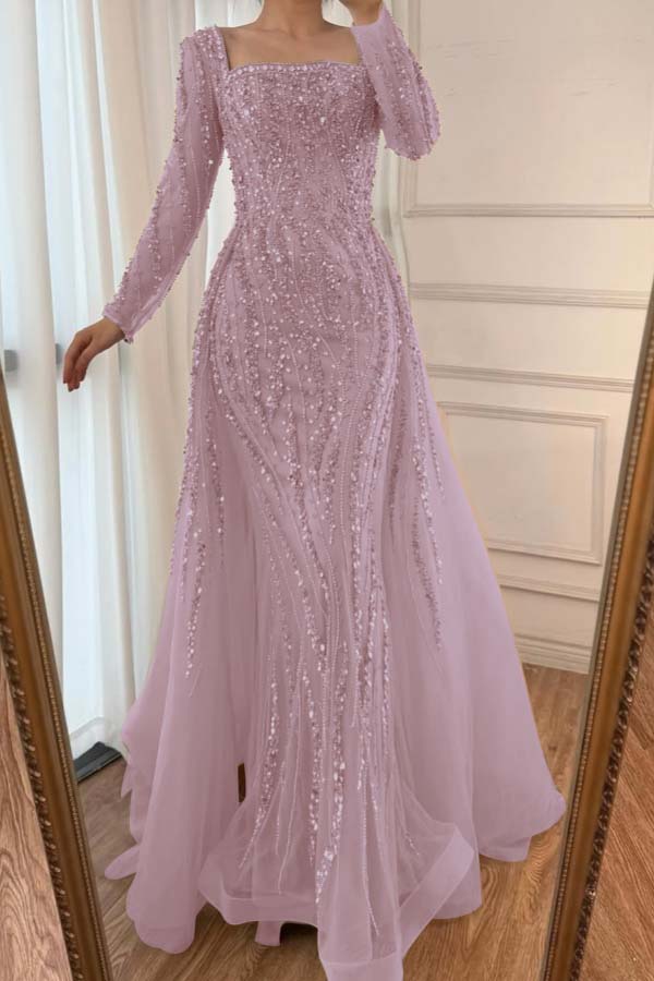 Champagne Detachable Train Prom Dress Long Sleeve Square Neck Beaded Formal Dress