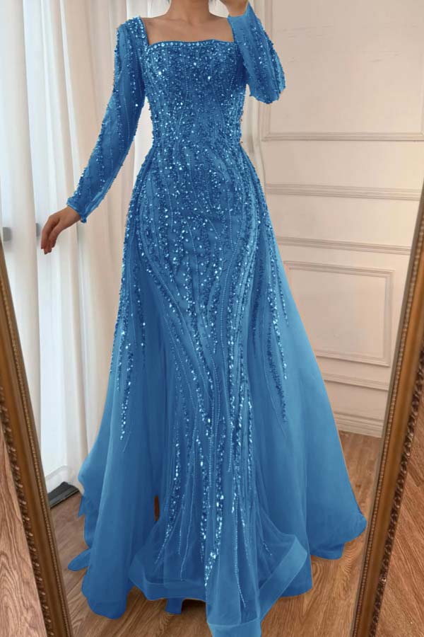 Champagne Detachable Train Prom Dress Long Sleeve Square Neck Beaded Formal Dress