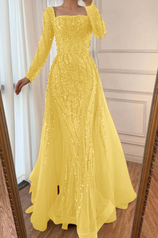 Champagne Detachable Train Prom Dress Long Sleeve Square Neck Beaded Formal Dress