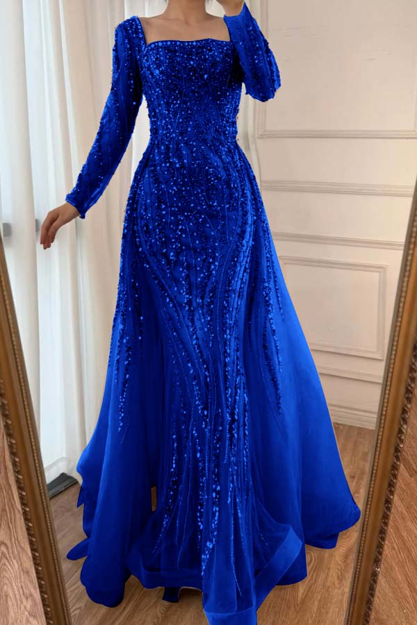 Champagne Detachable Train Prom Dress Long Sleeve Square Neck Beaded Formal Dress