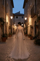 Champagne Detachable Train Prom Dress Long Sleeve Square Neck Beaded Formal Dress